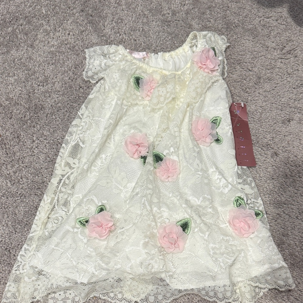 Biscotti Cream Lace Dress with Pink Floral Accents
